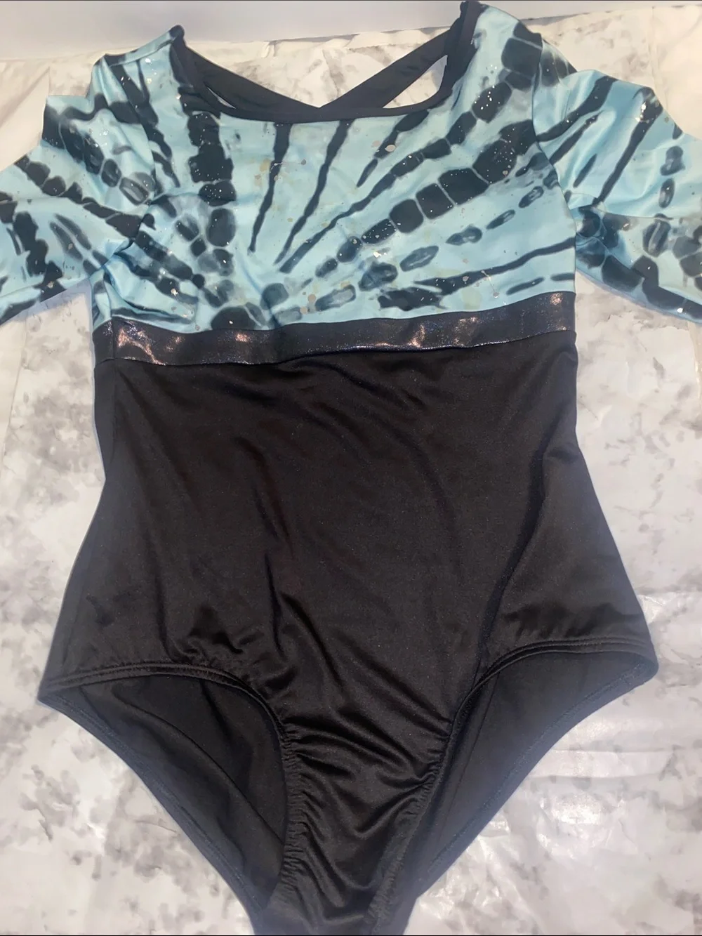 Justice Blue Tie-Dye and Black One-Piece with Metallic Trim